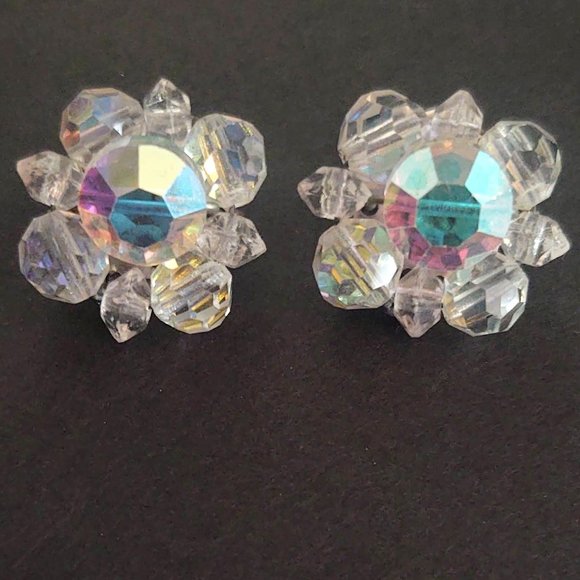 Vintage Jewelry - Vintage crystal and aurora borealis clip on earrings